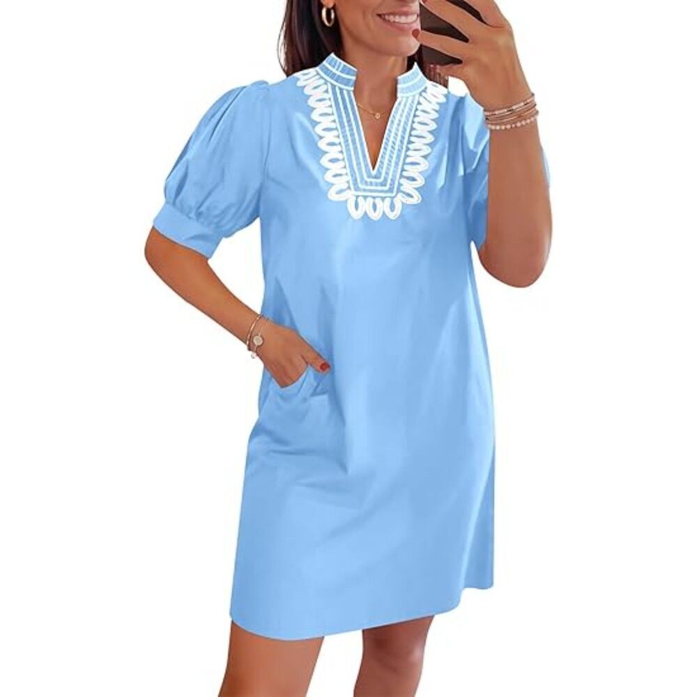 Women's Sky Blue V Neck A Line Short Sleeve A Line Embroidered Boho Short Dress
